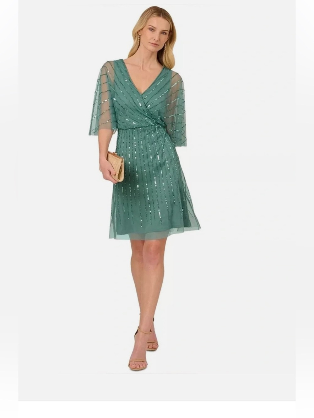 Papell Studio Green Slate Beaded Sequin Flutter-Sleeve Dress Size4 NWT